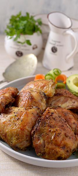 Lemon and Garlic Oven Baked Chicken Thighs served with Cucumber and Carrot Ribbons