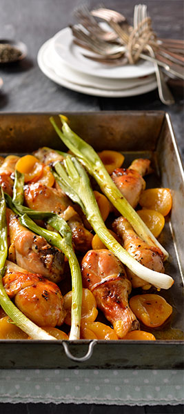 Apricots,spring onions, sticky chicken drumsticks